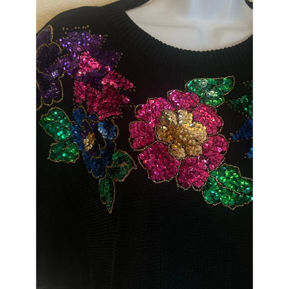 Vintage B.I.B S.M.L Sport Black Sweater Embroidered-Beaded Floral Design - Picture 9 of 14